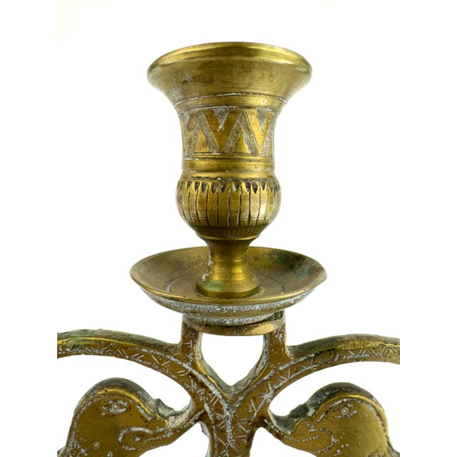 Ornate Vintage Brass Five-Arm Candelabra With Stylized Lions and Hand-Etched Detail For Sale In Little Rock - Image 6 of 16