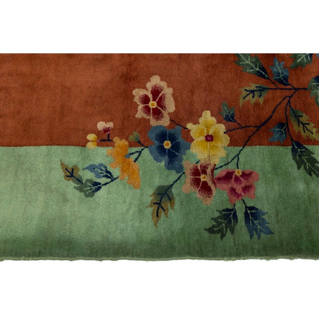 Antique Art Deco Handmade Floral Chinese Green and Brown Wool Rug For Sale - Image 11 of 13
