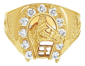 Diamond Horseshoe with Horse Head Ring 14k Yellow Gold, Size 10