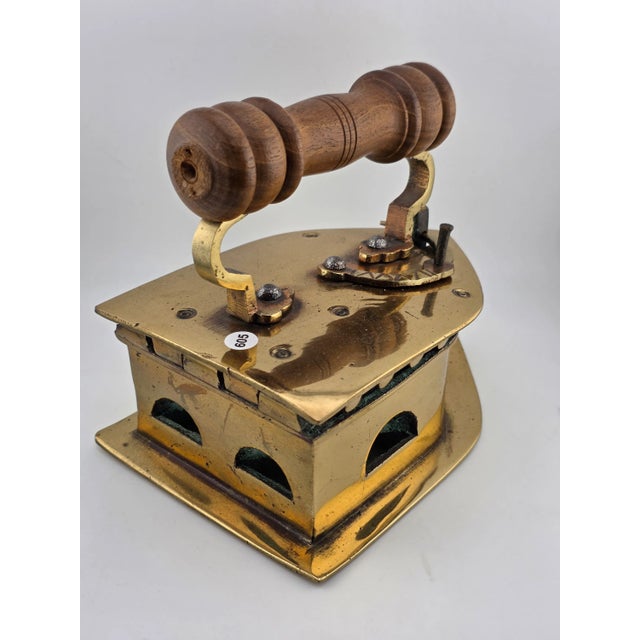 Mid 19th Century Antique C1850 Middle East Handmade Brass Charcoal Big Press Iron W Wooden Handle For Sale - Image 5 of 15