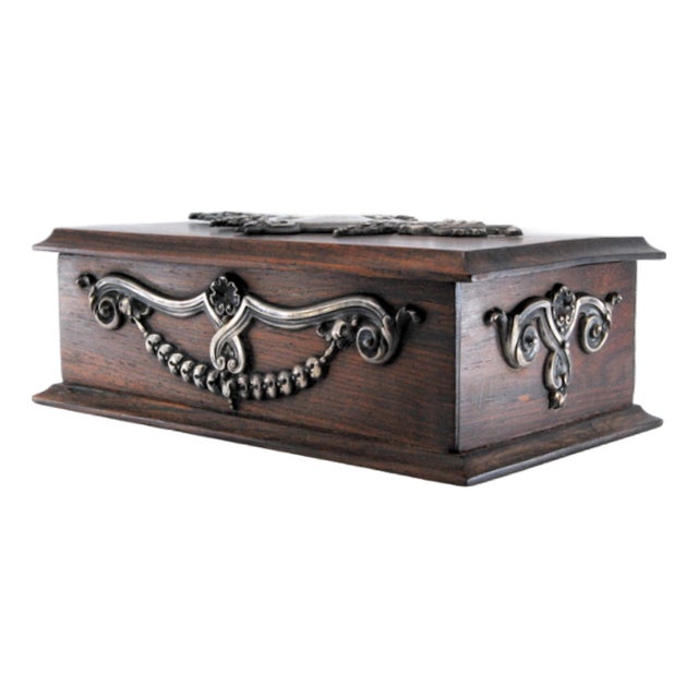 Wooden Jewelry Box with Silver Applications and Coat of Arms Letters on the Lid For Sale
