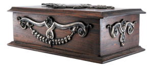 Wooden Jewelry Box with Silver Applications and Coat of Arms Letters on the Lid