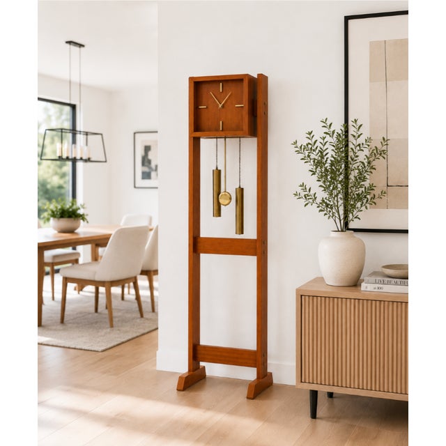 Mid Century Modern Teak + Brass Weight Drive Chiming Floor Clock, C. 1960’s, Denmark For Sale - Image 11 of 12