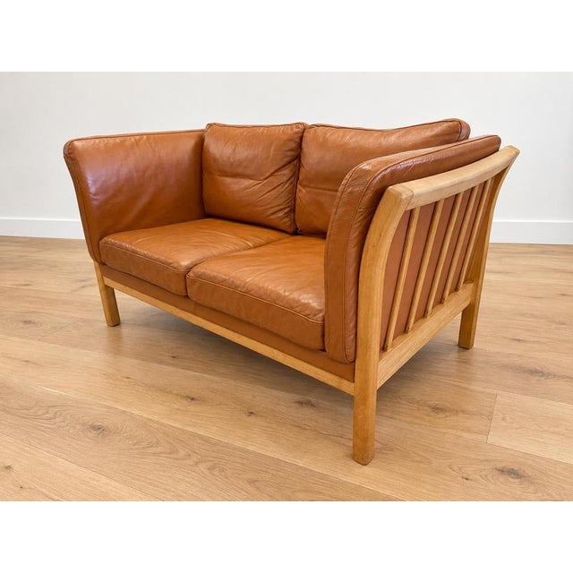 2000 - 2009 Vintage Danish Two Seater Sofa in Cognac Leather with Oak Frame For Sale - Image 5 of 11