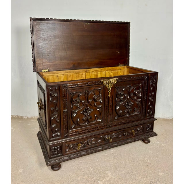 Wood Spanish Carved Blanket Chest, 1920 For Sale - Image 7 of 17