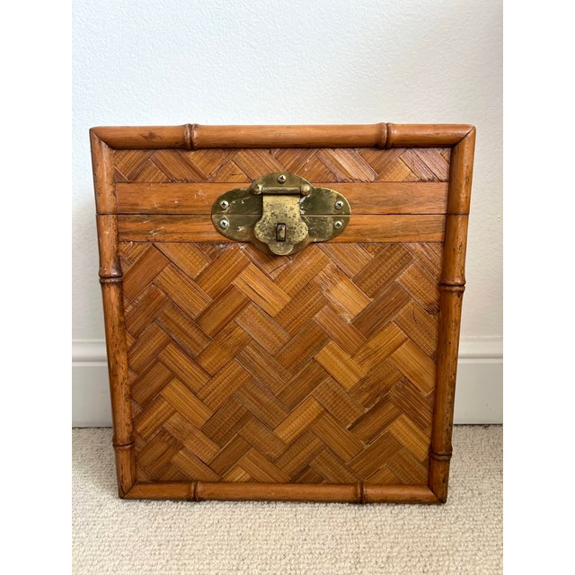 Vintage Woven Rattan Filing Box With Brass Handles For Sale - Image 4 of 12