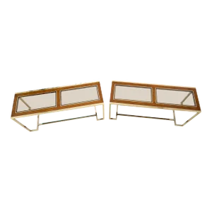 Pair of Smoked Glass Tops Walnut Brass Console Sofa Tables Mid-Century Modern