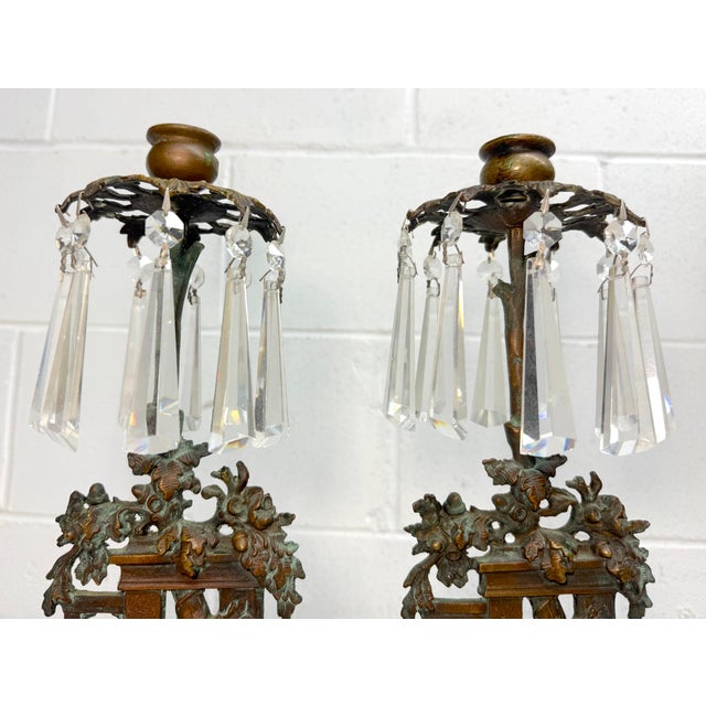 Pair of Antique Ornate Figural Brass Marble Crystal Girandole Candle Holders For Sale - Image 9 of 13
