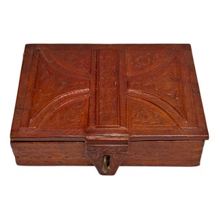 Antique Tooled Leather Jewelry & Keepsake Box With Brass Latch For Sale