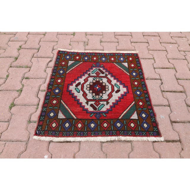 1950s Turkish Hand Knotted Floral Desing Red Doormat Rug For Sale - Image 12 of 12