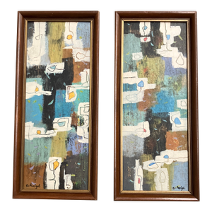 Contemporary 2 Original Stephen Heigh Abstract Paintings “Festive 1 & 2” Framed -a Pair