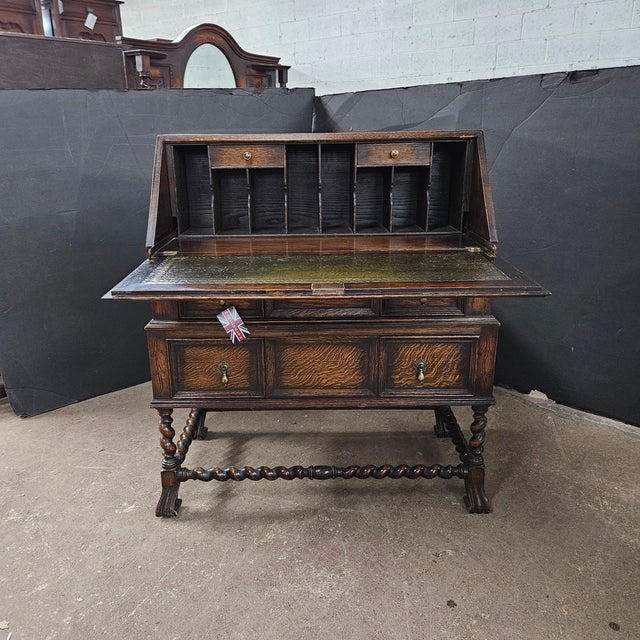 Late 19th Century English Oak Jacobean Style Bureau on Barley Twist Stretcher Base For Sale - Image 10 of 18