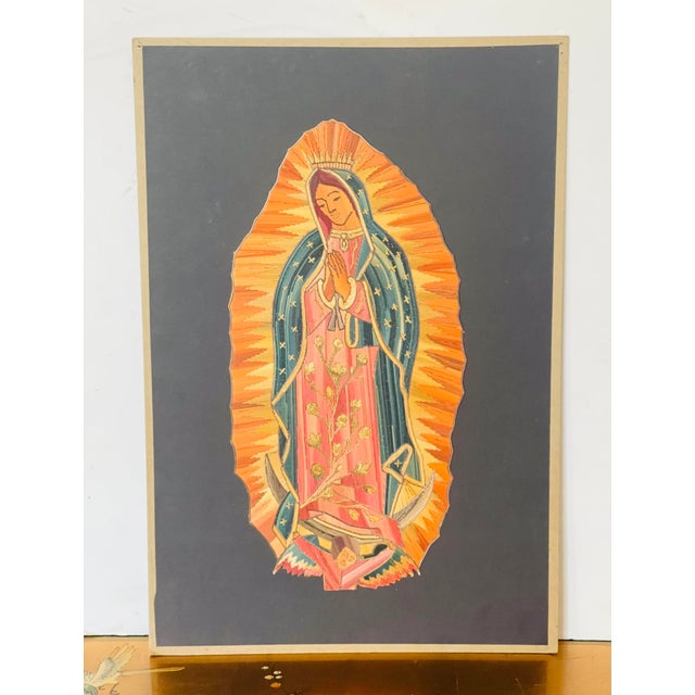 Rare folk art South American art collage religious paintings of St Mary made buy tiny straws, unique collectible.