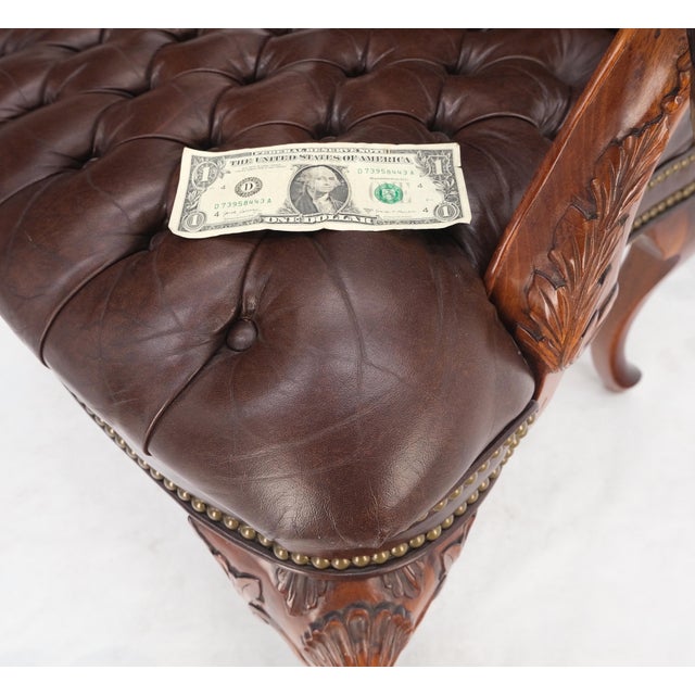 Mid 20th Century Brown Leather Chesterfield Backs & Seat Carved Walnut Armchairs Fireside Chairs For Sale - Image 5 of 13