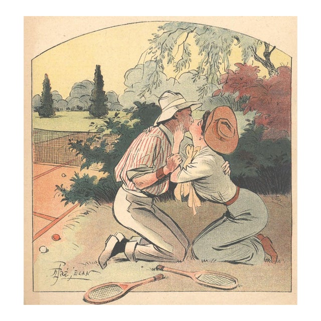 1908 French Antique Print for Tennis Lovers Matted For Sale