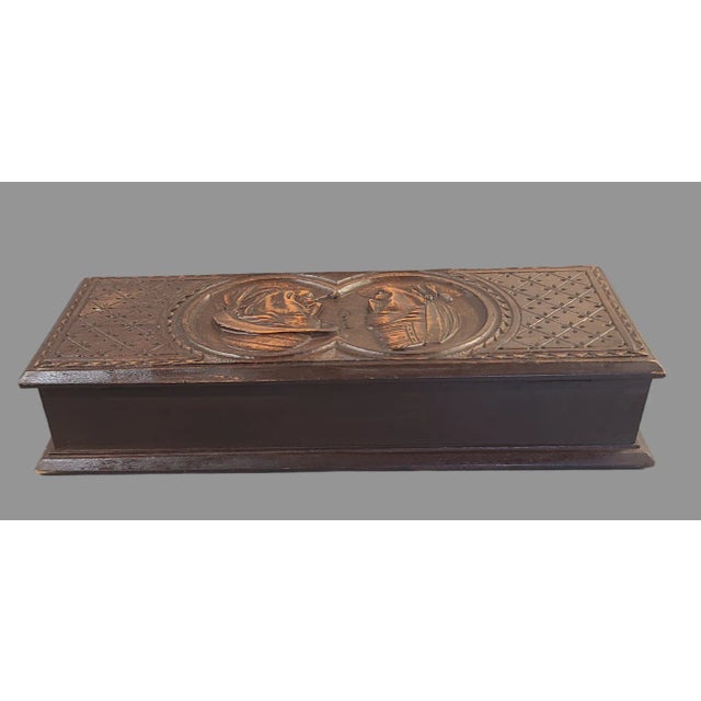 Early 20th Century Antique Hand Carved Figural Wood Glove Box Folk Art Primitive Signed For Sale - Image 9 of 10