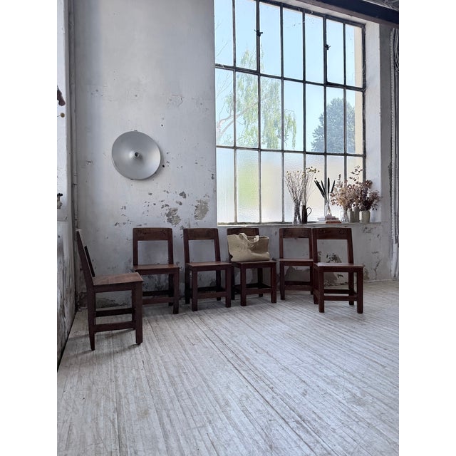 Set of 6 antique pitch pine chairs inspired by folk art or Savoyard design, circa 1950. We love the simple, rustic shape...