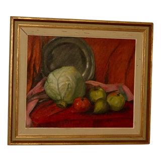 S. Jonsson, Still Life with Cabbage and Fruit, 1970s, Oil on Panel, Framed For Sale