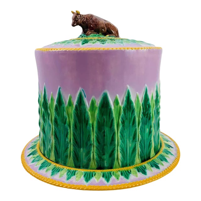 George Jones Majolica Cow Cheese Dome and Stand, Pink Ground, English 1873 For Sale