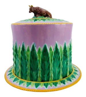 George Jones Majolica Cow Cheese Dome and Stand, Pink Ground, English 1873