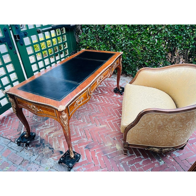 Brown Mid 20th Century French Louis XV Bureau Plat Desk With Ormolu Mounts, Leather Top & Herringbone Parquetry Veneers For Sale - Image 8 of 10