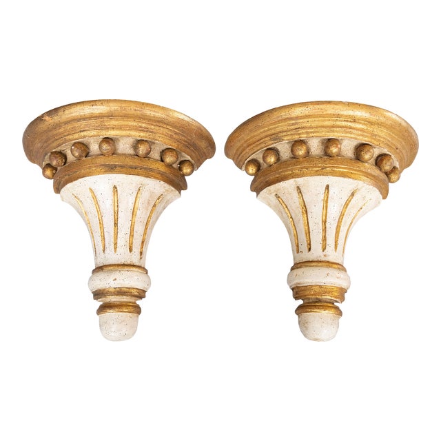 Vintage Italian Neoclassical Distressed White & Gold Giltwood Wall Brackets Corbels Shelves - a Pair For Sale