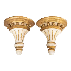 Vintage Italian Neoclassical Distressed White & Gold Giltwood Wall Brackets Corbels Shelves - a Pair