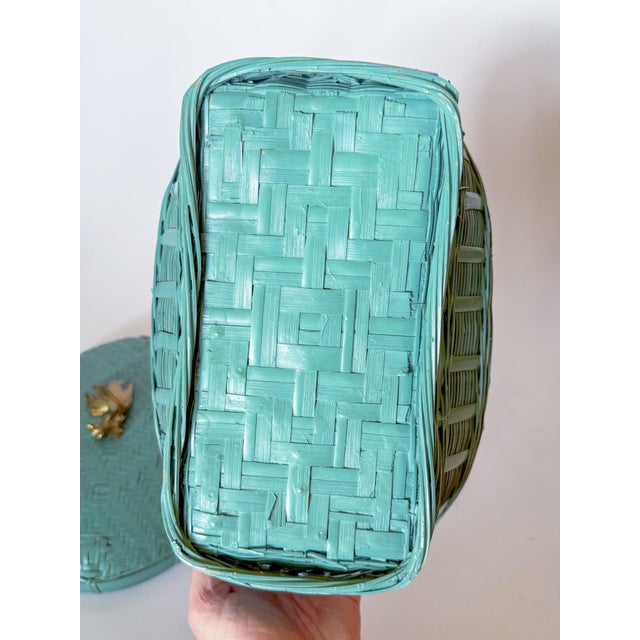 Teal Vintage Lacquered Teal Woven Box With Brass Koi Fish Finial Knob For Sale - Image 8 of 10