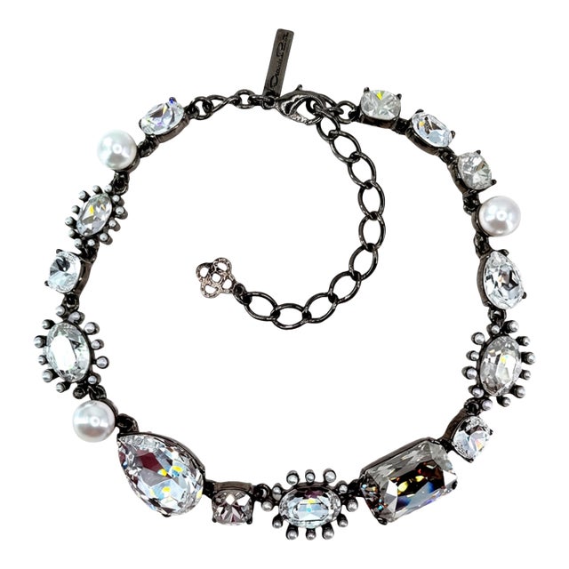 Oscar De La Renta Hematite Plated Crystal Pearl Multi-Stone Statement Necklace For Sale