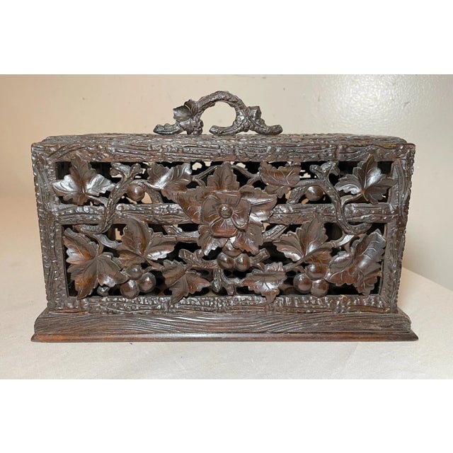 Antique Hand Carved German Black Forest Wood Reticulated Floral Dresser Box For Sale - Image 9 of 17