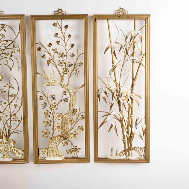 Vintage Mid-Century Metal Flower Wall Art Set - Gold Cream Botanical Collection - Set of 4 For Sale - Image 11 of 12