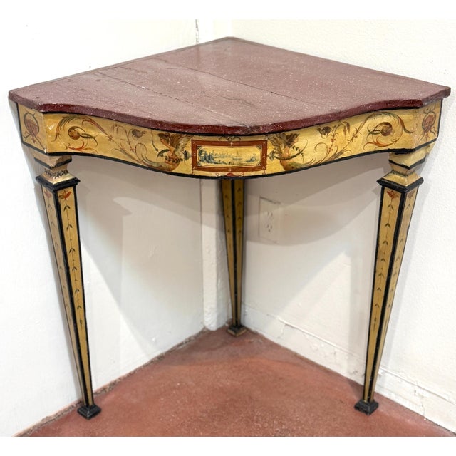 Pair 18th-Century Neapolitan Painted Corner Console Tables, Faux Porphyry Tops For Sale - Image 17 of 18