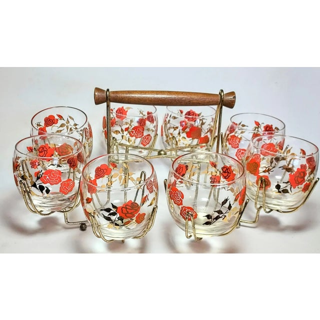 Wood Midcentury Gold & Red Rose Roly Poly Set With Gold & Walnut Carrier- Set of 9 For Sale - Image 7 of 7