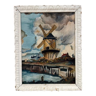 Vintage Windmill Oil Painted Signed by M. Nordberg 1962. For Sale