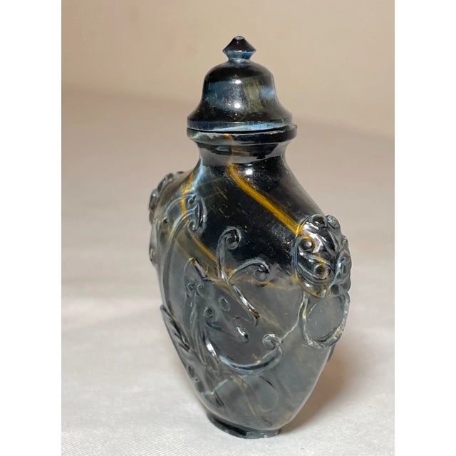 Antique Chinese Hand Carved Tigers Eye Stone Snuff Bottle Jar Sculpture Trinket For Sale - Image 9 of 14