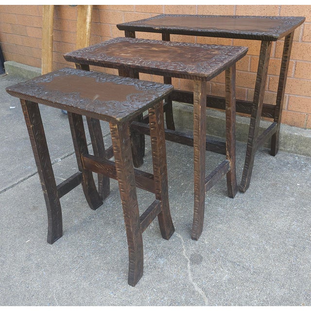 Set of 3 Jacobean Style Hancrafted Carved Walnut Nesting Tables | Chairish