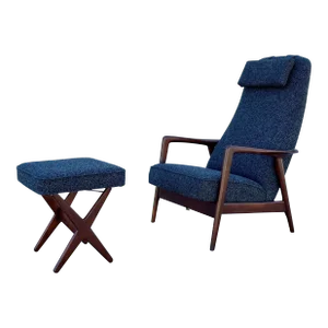 Mid Century Walnut Recliner Lounge Chair & Ottoman by Alf Svensson for Dux