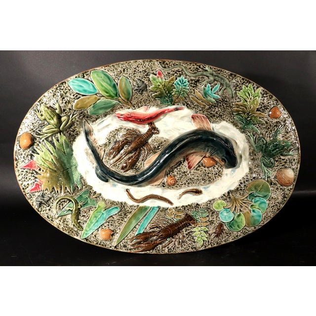 Late 19th Century Aquatic Drama: Longchamp's Grande Majolica Grotto Platter For Sale - Image 5 of 15