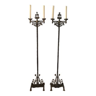 Vintage Gothic Style Wrought Iron Candleabra Floor Lamps - a Pair For Sale