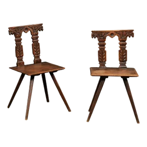Early 19th C. Pair of Carved-Column Back Wooden Hall Chairs