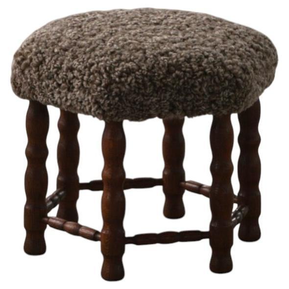 Mid-Century Modern Hexagon Oak Stool with Lambswool Seat and Bobbin Legs, 1950s For Sale - Image 17 of 17