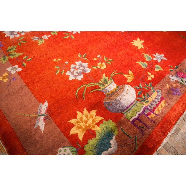 1920s 1920s Red Field Modern Floral Antique Chinese Knotted Wool Art Deco Carpet Rug For Sale - Image 5 of 11