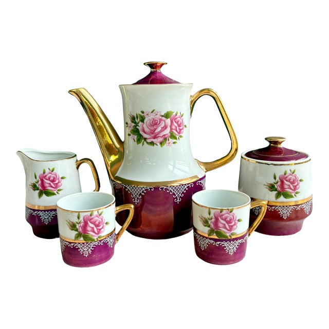 Vintage Japan Tea/Coffee Set With Iridescent Purple & Gold Details by Vandel – 7 Pc Set For Sale
