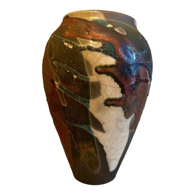 Alex Long Signed Raku Studio Pottery Vase - 8" - Lava & Crackle Glaze (2003) For Sale