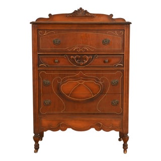 Berkey & Gay Style Antique Art Deco Carved Walnut Highboy Dresser, Circa 1930s For Sale