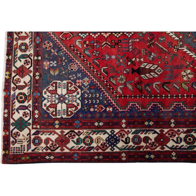 1960s Vintage Persian Shiraz Handmade Red Medallion Wool Rug For Sale - Image 4 of 7