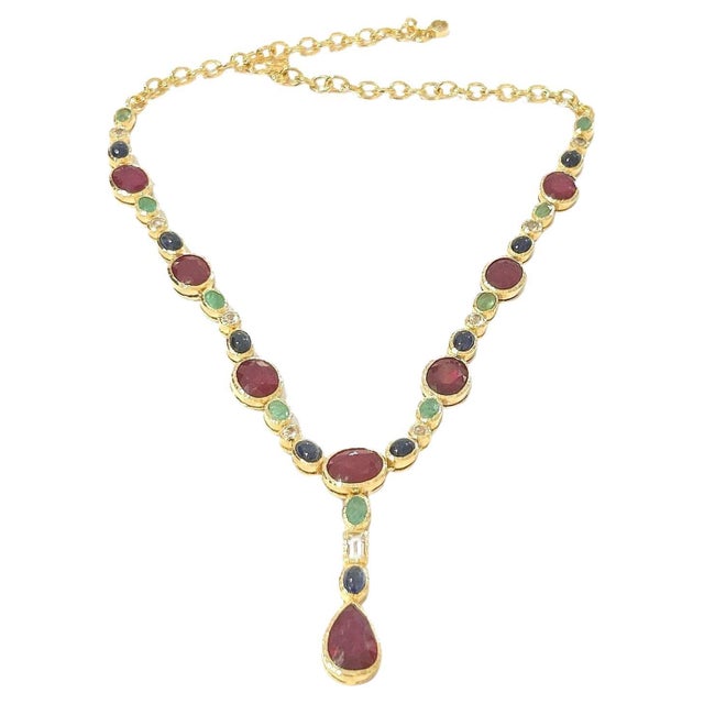 Bochic "Capri" Vintage Ruby, Sapphire & Emerald Necklace - 18K Gold & Silver For Sale - Image 15 of 18