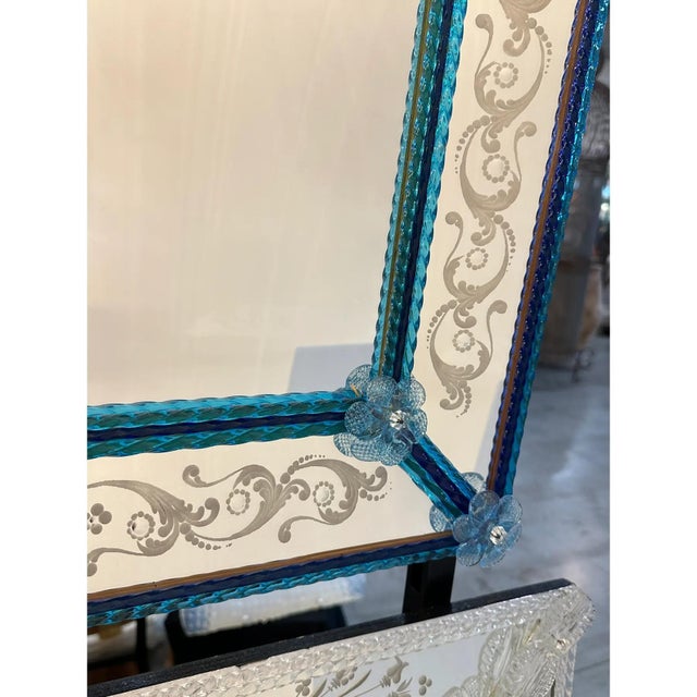 Venetian Blue Mirror with Hand-Carved Murano Glass Frame by Simoeng for Simoeng For Sale - Image 6 of 8