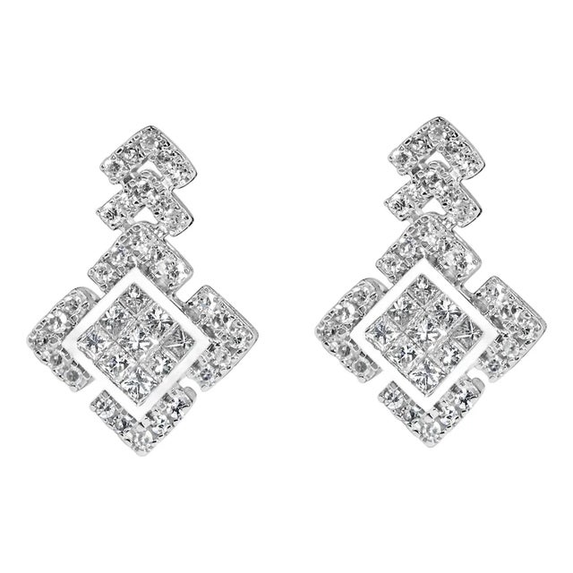 10K White Gold 3/5 Cttw Princess Diamond Geometric Drop Earrings For Sale