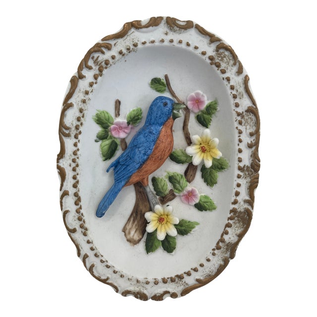 Vintage Raised Relief Porcelain Bird Wall Plaque With Floral Motif For Sale